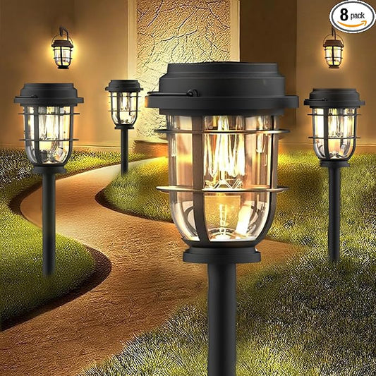 Vuees 8-Pack Solar Pathway Lights, 3-in-1 Design Outdoor Garden Patio Decor | 3000K warm glow, stake, tabletop or hanging setup, no wiring, rain-ready build, walkway, poolside and deck placement
