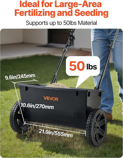 VEVOR Broadcast Spreader, 50LBS Capacity, Drop Spreader with Hopper Grate, 18 in Spreading Width & 30 Settings, 10 in All Terrain Tires, Garden & Lawn Spreaders for Seed, Fertilizer