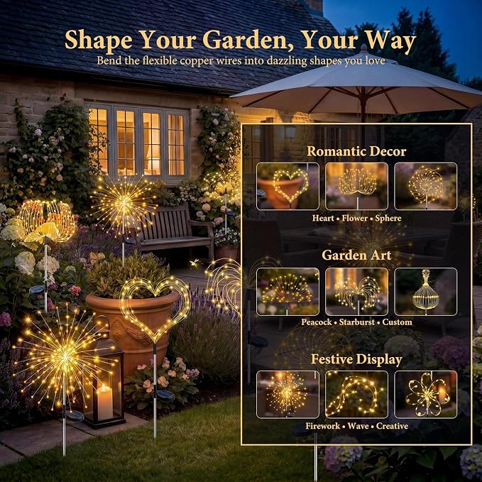 Solar Firework Light, 1 Pack 120 LEDs 8 Lighting Modes Solar Fairy Garden Lights Outdoor Waterproof for Yard Patio Walkway Pathway Party Wedding Balcony Decorative- Warm White