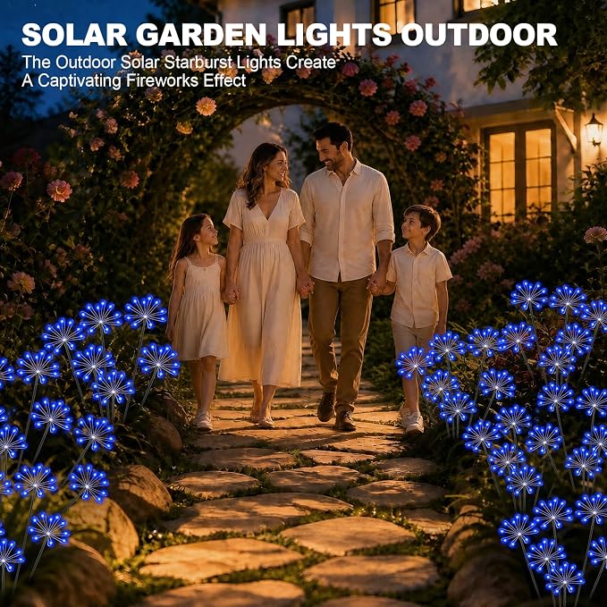 Solar Garden Lights Outdoor, Upgraded Solar Swaying Starburst Light Waterproof with 2 Modes, Solar Fairy Firework Lights for Yard Patio Pathway Flowerbed Balcony Garden Decoration (Blue, 4 Pack)