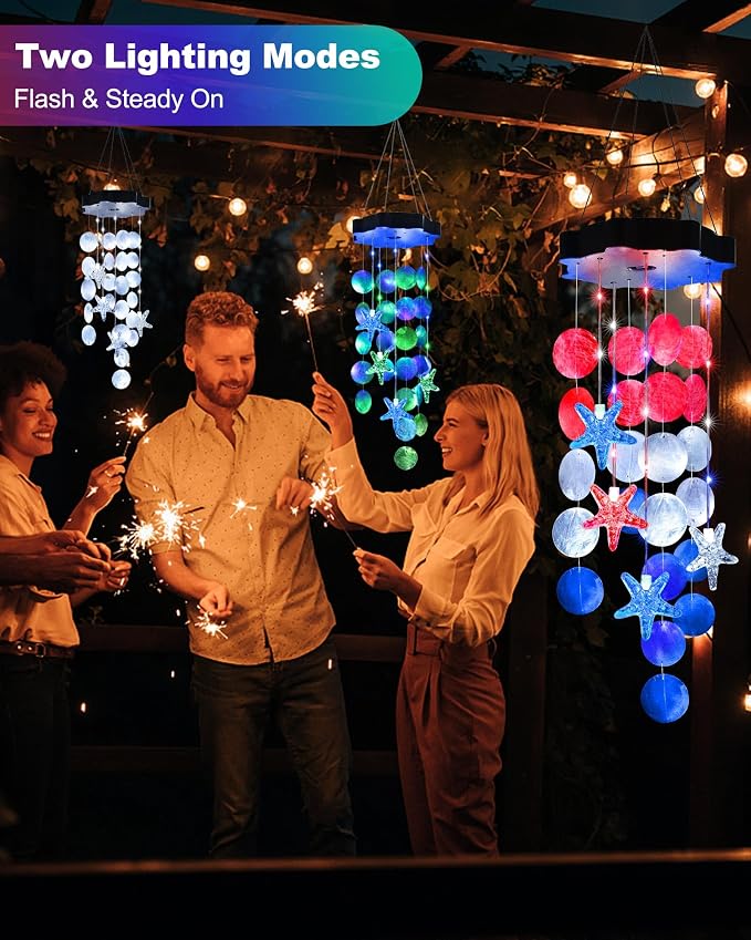 Toodour Solar Decorative Lights Outdoor, Red White Blue Shells Lights Gifts for Mom Grandma Women Wife Girls, Solar Wind Chimes Outside Decorative Mobile Light for Garden Porch Yard Window Decor