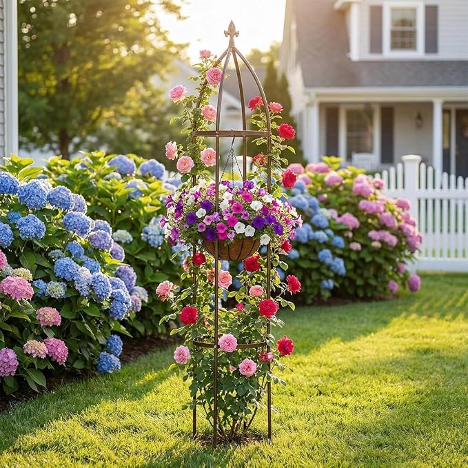 Garden Obelisk Trellis 100% Metal Heavy Duty 5.5 ft for Climbing Vines | Upgraded 16mm Thick Steel Tubes Bronze Rustproof Tower, Medium Plant Support Stands for Flowers, Roses, Clematis & Tomatoes
