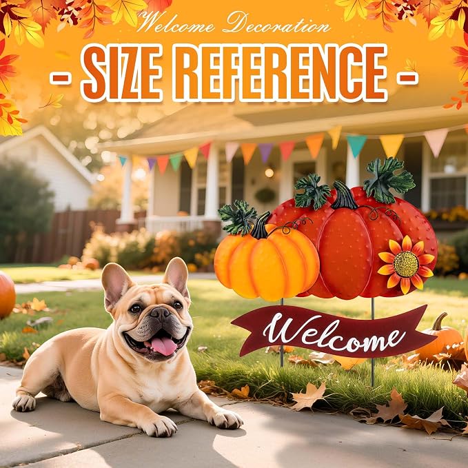 Fall Decorations for Home Outdoor - 21.2" Metal Pumpkin Yard Stakes with 2-Pumpkin Welcome Sign & Glitter Sunflower - Decorative Garden Stakes for Outside Garden Yard Lawn Patio Porch Decor