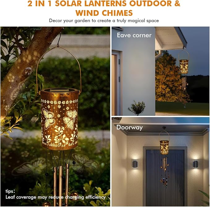 Solar Wind Chimes for Outside - Retro Metal Hanging Solar Lantern for Garden, Patio Decor, IP65 Waterproof Solar Powered Light - Perfect Birthday, for Women(Butterfly)