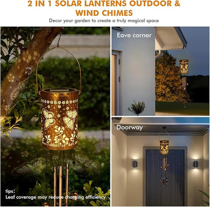 Solar Wind Chimes for Outside - Retro Metal Hanging Solar Lantern for Garden, Patio Decor, IP65 Waterproof Solar Powered Light - Perfect Birthday, for Women(Butterfly)