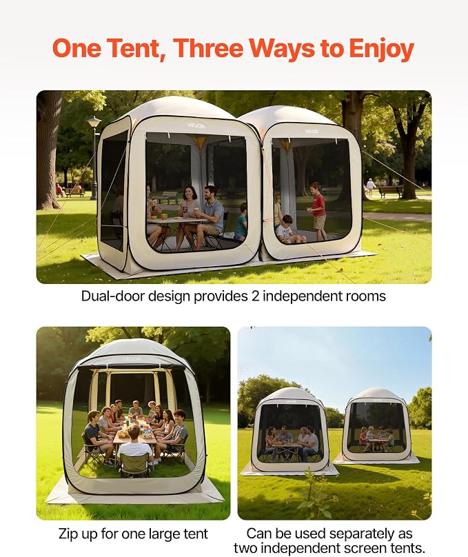 VEVOR Pop up Screen House Tent, 12 x 6 ft, 2 in 1 Screen Gazebo, Portable Screened in Canopy with Carry Bag, Netting Sides, Ground Stakes, for Garden, Patio, Backyard, and Outdoor Activities, Beige
