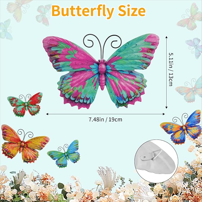 Junware 8 Pcs Metal Butterfly Wall Decor - 7.5" Outdoor Fence Wall Art, Hanging Decoration for Garden Yard Living Room Bedroom Patio Balcony (Butterfly-D)