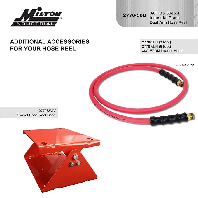 MILTON Strength Air Hose Reel w/Auto- Retractable Steel Dual Arm, 3/8" MNPT x 50 ft. Hybrid Rubber Hose - 300 Max PSI, Red - 2770-50D