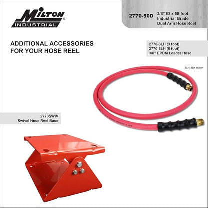 MILTON Strength Air Hose Reel w/Auto- Retractable Steel Dual Arm, 3/8" MNPT x 50 ft. Hybrid Rubber Hose - 300 Max PSI, Red - 2770-50D