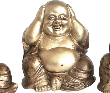 Bellaa Laughing Buddha Set of 3, Hear-No, See-No, Speak-No Evil, Happy Hotei Feng Shui Statue for Money Wealth Zen Chinese Buddhist Monk Budai Luck Happiness Gold 26058