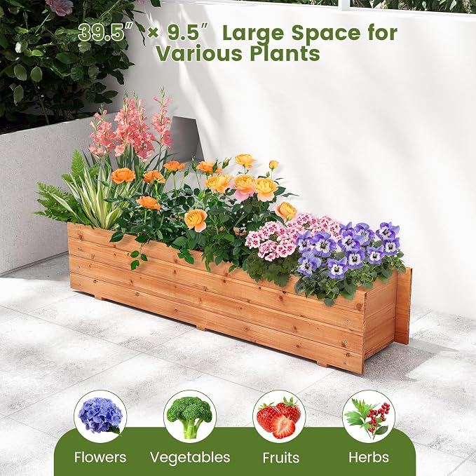 Raised Garden Bed, 44” x 11” x 10” Wooden Flower Bed with 2 Drainage Holes & Removable Bottom, Long Narrow Decorative Garden Bed, Planter Box Outdoor for Vegetables Flowers Fruits Herbs
