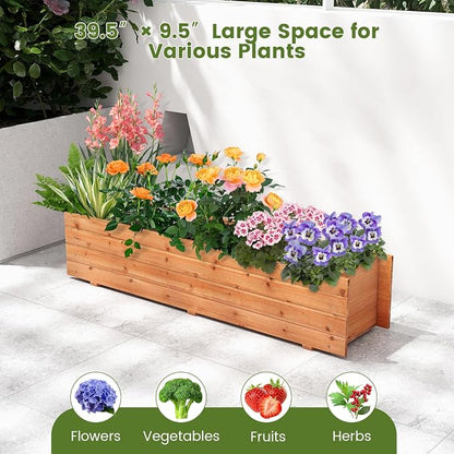 Raised Garden Bed, 44” x 11” x 10” Wooden Flower Bed with 2 Drainage Holes & Removable Bottom, Long Narrow Decorative Garden Bed, Planter Box Outdoor for Vegetables Flowers Fruits Herbs