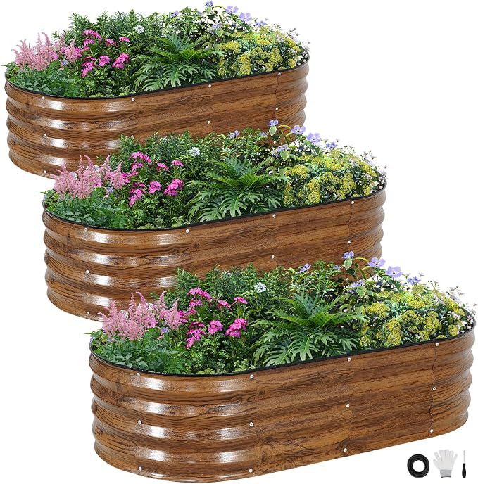 INNO STAGE 3Pcs Galvanized Raised Garden Bed Kit, Outdoor Metal Raised Garden Beds for Vegetables, Rust-Resistant & Easy Assembly, 4x2x1ft Oval Raised beds for Gardening, Flowers, Herbs (CoatedGrain)