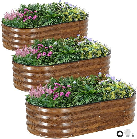INNO STAGE 3Pcs Galvanized Raised Garden Bed Kit, Outdoor Metal Raised Garden Beds for Vegetables, Rust-Resistant & Easy Assembly, 4x2x1ft Oval Raised beds for Gardening, Flowers, Herbs (CoatedGrain)