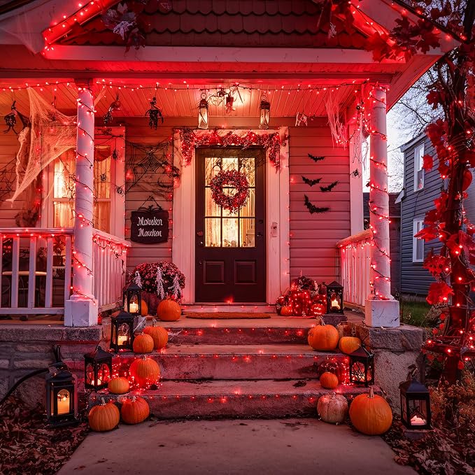 JMEXSUSS 2 Pack Solar Halloween Lights Outdoor, Total 400 LED 151FT, Red | Outdoor Waterproof, 8 Modes Solar Christmas String Lights for Outside Patio Yard Garden Tree Christmas Halloween Decorations