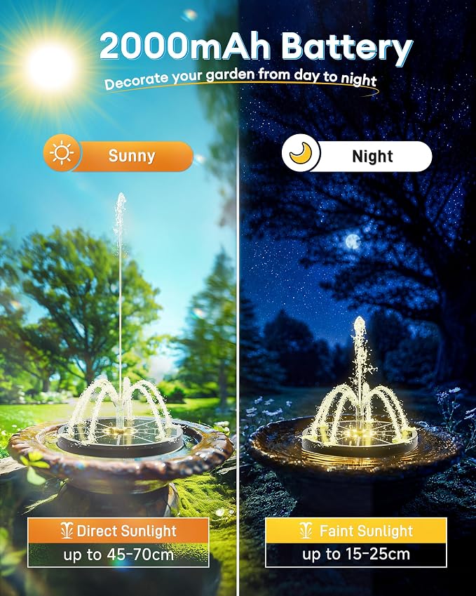 3.5W Solar Fountain,Upgraded 100% Glass Panel Solar Bird Bath Fountain with 2000mAh Battery,7 Color RGB LED Lights & 6 Nozzles,Solar Fountain for Bird Bath,Garden, Pond, Pool, Outdoor Decor(White)