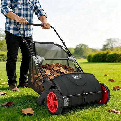 Push Lawn Sweeper, 21inch Leaf & Grass Collector, Heavy Duty Thickened Steel Durable Manual Leaf Sweeper to Use with Large Capacity 3.5 Cu. ft. Mesh Collection Hopper Bag, 2 Spinning Brushes