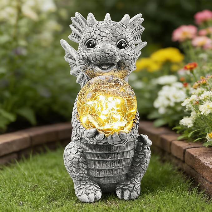 Solar Garden Decorations - Dragon Statue | Crackle Glass Ball Light, Garden Decor for Patio, Yard, Lawn, Pathway, Landescape,Housewarming Gifts for Women Mom Grandmom