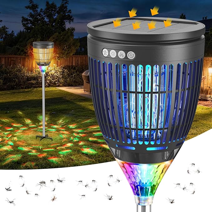 Solar Bug Zapper Outdoor, Jinyeda 4200V Mosquito Zapper with RGB Projector & Flame Lights, Cordless Mosquito Killer, USB Rechargeable Fly Insect Trap Waterproof Lighting Decor for Patio, Garden, Yard