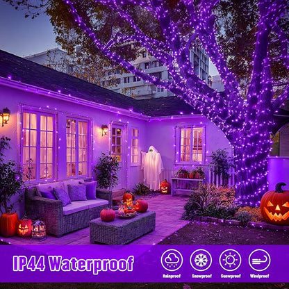 JMEXSUSS 2 Pack Solar Halloween Lights, Total 66 FT 200 LED, Purple | Outdoor Waterproof, 8 Modes Solar String Lights for Outside Patio Christmas Tree Garden Yard Halloween Decorations