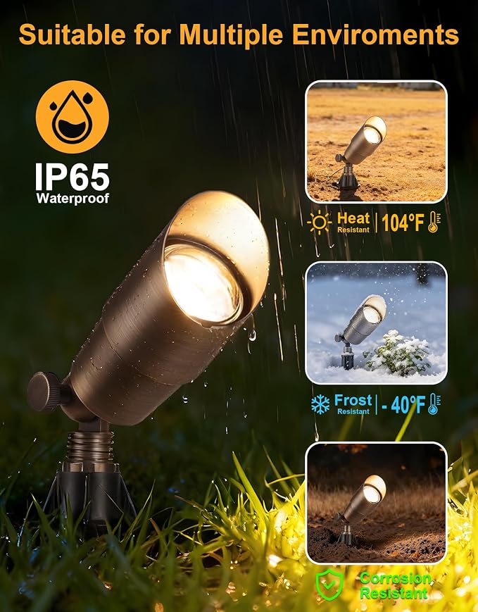 PARTPHONER Solid Brass Low Voltage Landscape Lighting, Wired 12V LED Landscape Spotlights with Aluminum Housing MR16 Bulb, Heavy Duty Outdoor Waterproof Up Lights for Garden, Yard, Trees, 1Pack