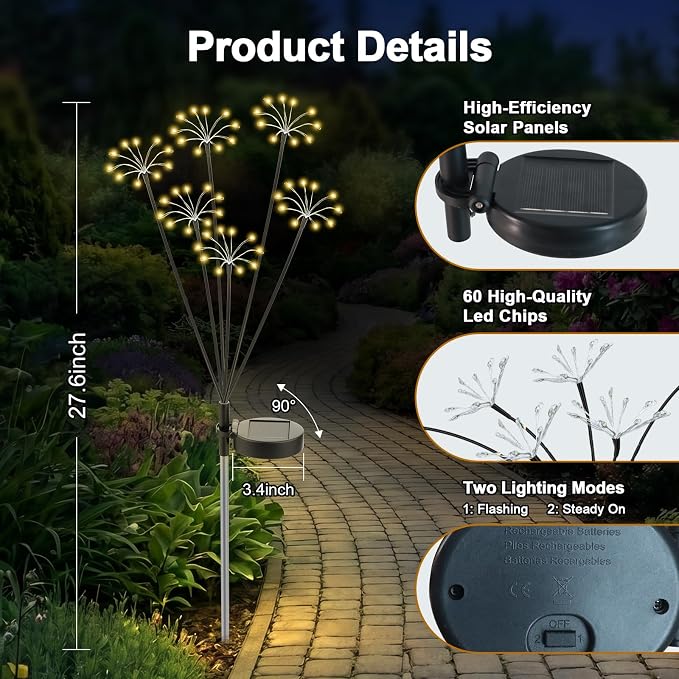 Solar Garden Lights Outdoor, 2 Pack New Upgraded Solar Swaying Starburst Light, Waterproof Fireworks Solar Lights, Yard Patio Pathway Decoration, Warm White
