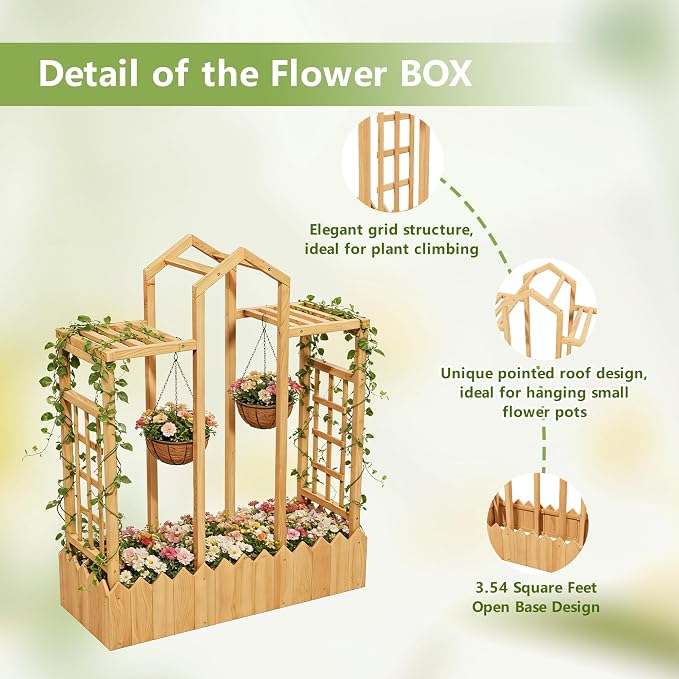 Raised Garden Bed with Trellis, Wood Elevated Planter Box with Trellis and Hanging Roof, Freestanding Outdoor Garden Planter for Flowers Herbs Climbing Vines