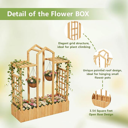 Raised Garden Bed with Trellis, Wood Elevated Planter Box with Trellis and Hanging Roof, Freestanding Outdoor Garden Planter for Flowers Herbs Climbing Vines