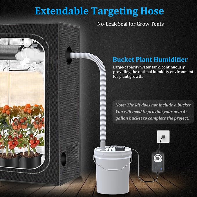 19L Large DIY Humidifier Kit - for Plants, Mushrooms, Grow Tents, Terrarium | Turns a 5 Gallon Bucket into Cool Mist Humidifier, Extendable Hose, High Output, Long Runtime (2-Fogger, Double Mist)