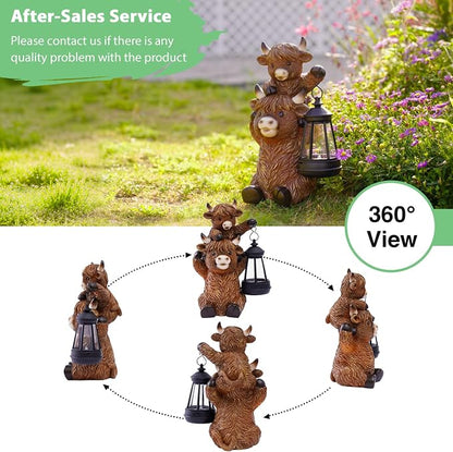 Goodeco 9.5 Inch Highland Cattle with Solar Lantern – Resin Garden Decor, Outdoor Statue & Unique Highland Cow Gifts (Brown)