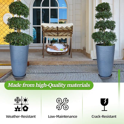 QCQHDU Set of 2 9 Gallon Tall Large planters for Outdoor/Indoor Plants of 12" Dia x 21" H Round Flower Pots Set Faux Stone Finish Front Door Patio Square Porch Planters with Tray, Sky Blue