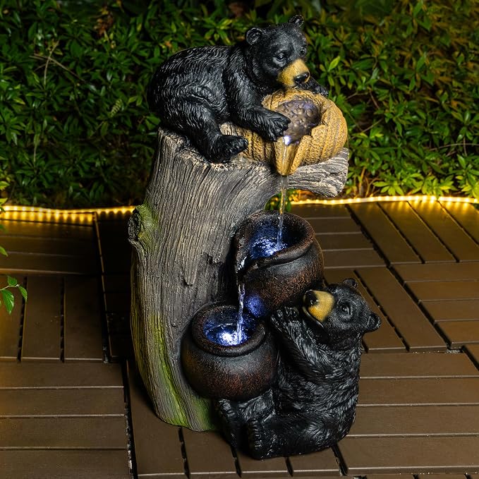 23.6'' Bear Outdoor Water Fountain with LED Lights, Cascading Resin Garden Waterfall Fountain with Pump, Cute Animal Water Feature for Patio Yard Backyard Balcony Decor