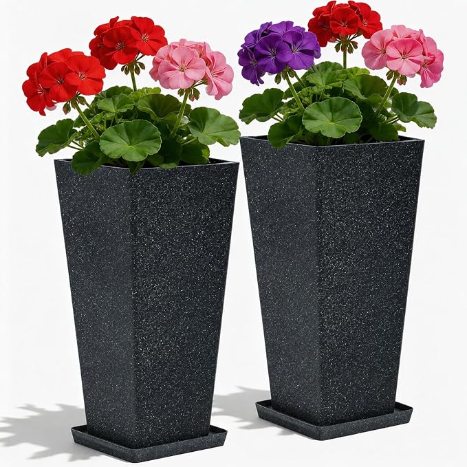 Autodaya 28" Oversized Black Terrazzo-Look PP Tall Planters Set of 2 | Lightweight PP Pots With Drainage Hole for Indoor and Outdoor Plants, Patio, Garden, Porch, Living Room, or Gifting