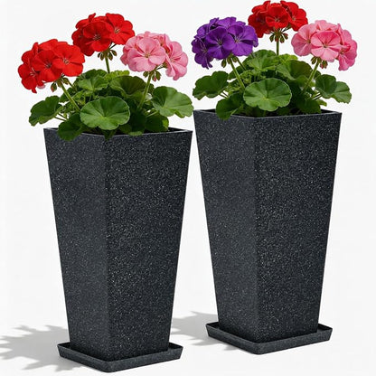 Autodaya 28" Oversized Black Terrazzo-Look PP Tall Planters Set of 2 | Lightweight PP Pots With Drainage Hole for Indoor and Outdoor Plants, Patio, Garden, Porch, Living Room, or Gifting