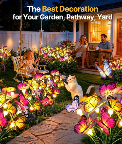 Solar Butterfly Garden Lights, 4 Pack 32 Swaying Butterflies | Lifelike Silk Wings on Wire Stems, For Yard, Patio, Pathway & Lawn, IP65 Waterproof Outdoor, Flutters in Any Breeze