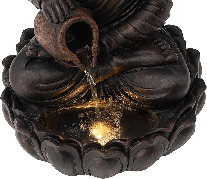 Glitzhome Zen-Style 2-Tiered Buddha Statue Polyresin Outdoor Decoration with Pump and LED Light, 20.5" H
