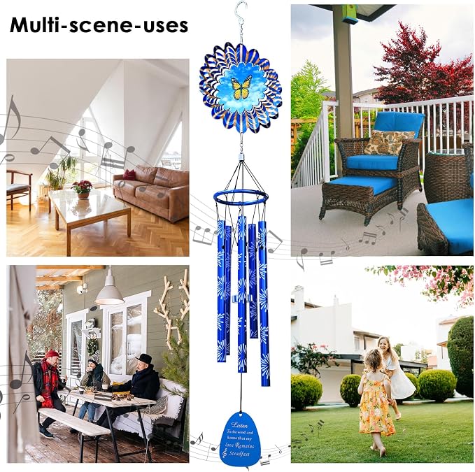 Memorial Wind Chimes with Animated Butterfly Wind Spinner, Wind Chime Outdoor Clearance, 33 inch Sympathy Windchimes, Outdoor Garden Decor & Heartfelt Gifting, Suitable as A Gift for Unisex