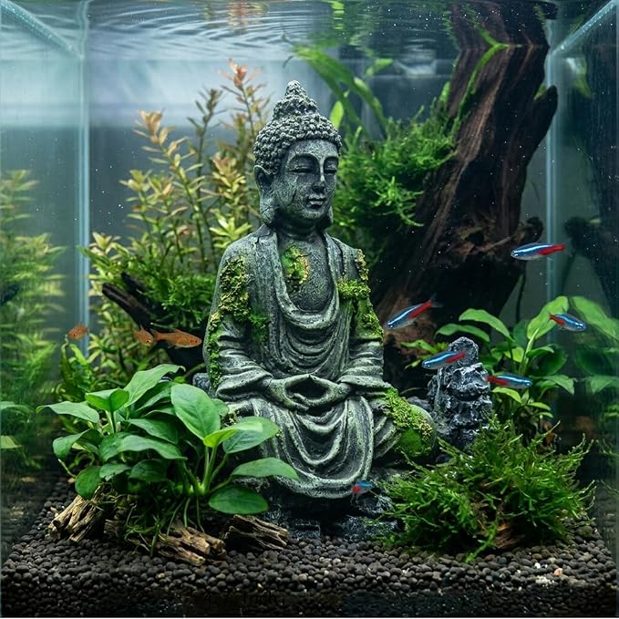 Meditating Buddha Statue, Large Aquarium Decor Accessories, Resin Zen Garden Decor for Aquarium Fish Tank, Outdoor Patio and Indoor Home Office Shelf (Gray Buddha)