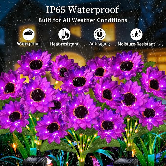 Solar Garden Lights Outdoor, 6 Pack Solar Purple Sunflower Lights with 18 Head 3.5 Inch Flowers, Waterproof Flowers Light Fall Decor Auto ON/Off for Garden Yard Patio Backyard, Gifts for Mom Women