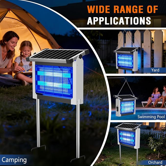 Solar Bug Zapper Outdoor Waterproof, 4500V Rechargeable Mosquito Zapper with Solar Panel Sensor, Auto ON/Off, 10ft Extension Cord & Solar Powered Bug Zapper, Cordless Insect Zap for Patio Yard Garden