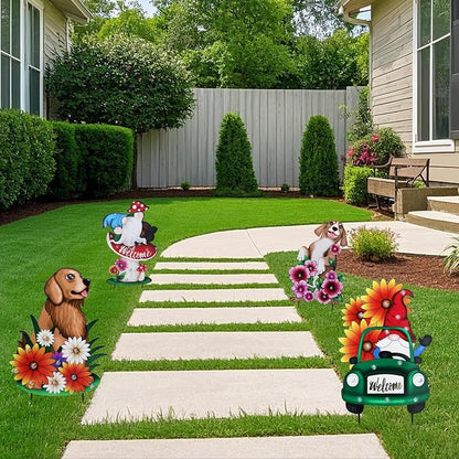 WONDER GARDEN Decorative Garden Stakes - Lighted Dog and Flower Yard Sign Stakes Spring Signs for Outdoor, Porch, Yard,Flower Bed Decor