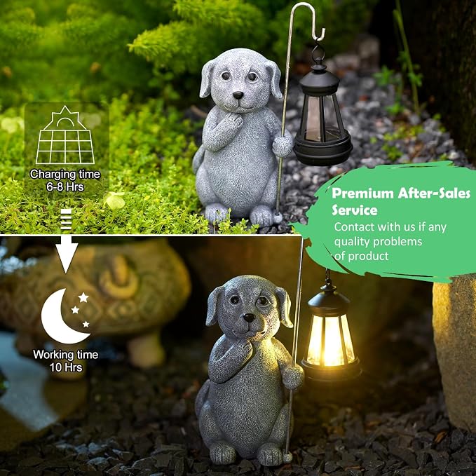 Qeeman Solar Dog for Garden Decor: Weatherproof Resin Statues | Warm Glow Lantern Outdoor Decoractions for Yard Pathway Patio Porch Balcony Front, Gifts for Mom Grandma Lovers