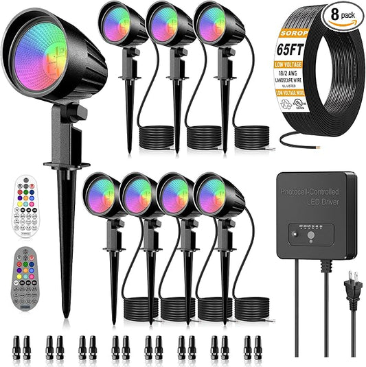 RGBW Low Voltage Landscape Lights Kit, 15W Color Changing Landscape Lights with Transformer 65FT UL-Listed Wire, Outdoor Spotlights IP66 Waterproof Remote Control for Holiday Yard Garden, 8Pack