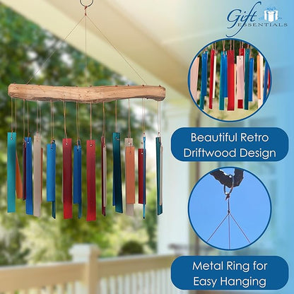 Blue Handworks Rectangle Glass Wind Chime Retro | Colorful Handcrafted Sandblasted Glass Wind Chime with Found Wood