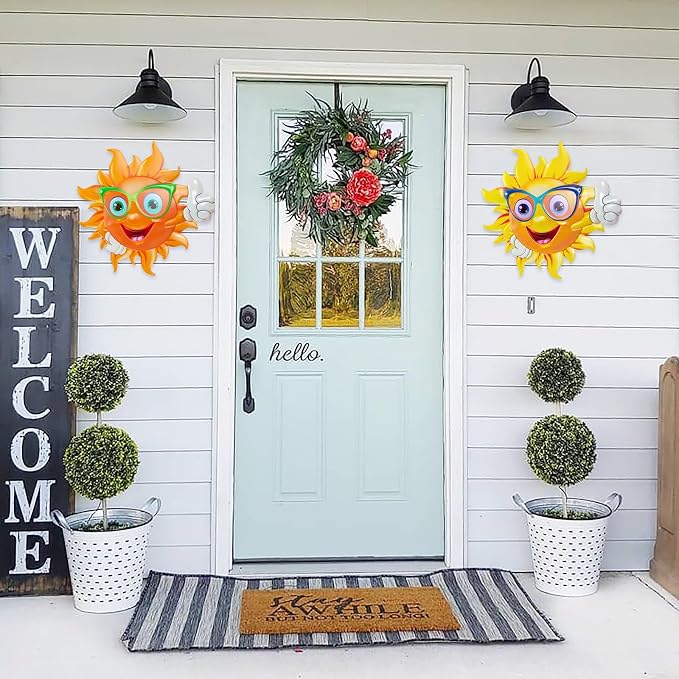 2Pcs Metal Sun Wall Decor, 13Inches Sun Outdoor Wall Art for Garden Yard Room Kitchen Patio Fence Decorations