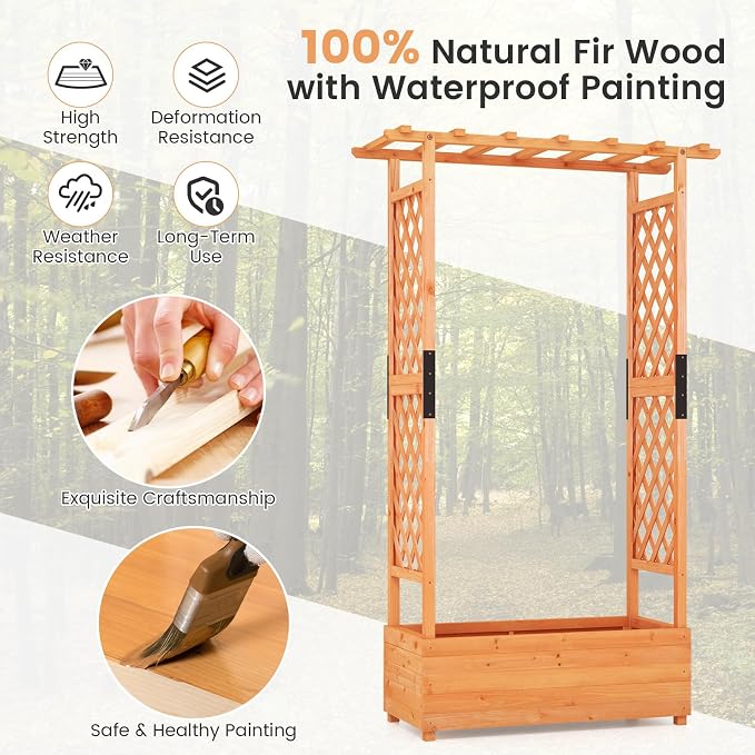 S AFSTAR 72 Inch Raised Garden Bed with Arch Trellis, Hanging Roof & Drainage Holes, 2 Pieces Vertical Plant Container for Vine Climbing Plant Flower, Outdoor Wood Elevated Planter Box for Garden