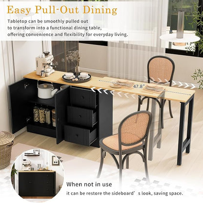 Merax 89.7'' Wood Buffet Sideboard with Extendable Table, Multifunctional Storage Cabinet with 2 Doors and 3 Drawers for Living Room,Study,Foyer and Kitchen Black + Natural