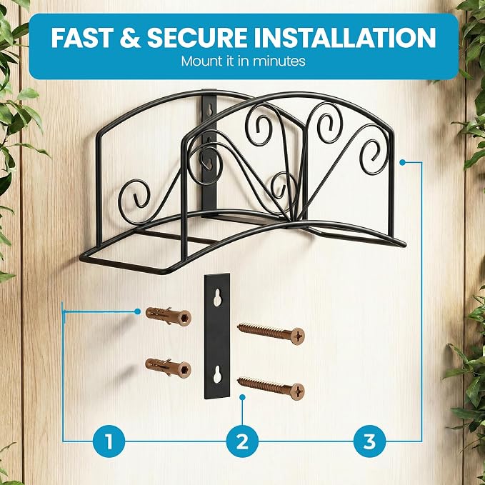 Gardenised Metal Wall-Mount Elegant Scrollwork Hose Holder Heavy-Duty Outdoor Hanger and Water Hose Organizer with Sturdy Reel Hooks & Screws for Yard Lawn Garden Patio Landscaping and Home Use