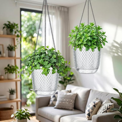 QCQHDU 7.2 Inch 2 Pack Hanging Planters for Indoor Outdoor Plants,Self Watering Flower Pots Hanging Basket,Plastic Plant Hanger with Drainage Holes and 3 Hooks for Window Porch Garden Balcony, (White)