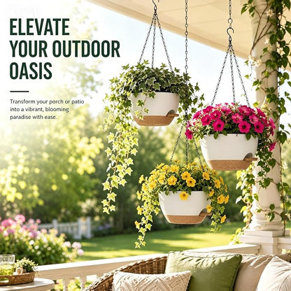 12 Inch Self Watering Hanging Planters 2 Pack, White Brown | Plastic planters with drainage holes and saucers. Suitable for indoor, outdoor, kitchen, balcony and garden plant decor.